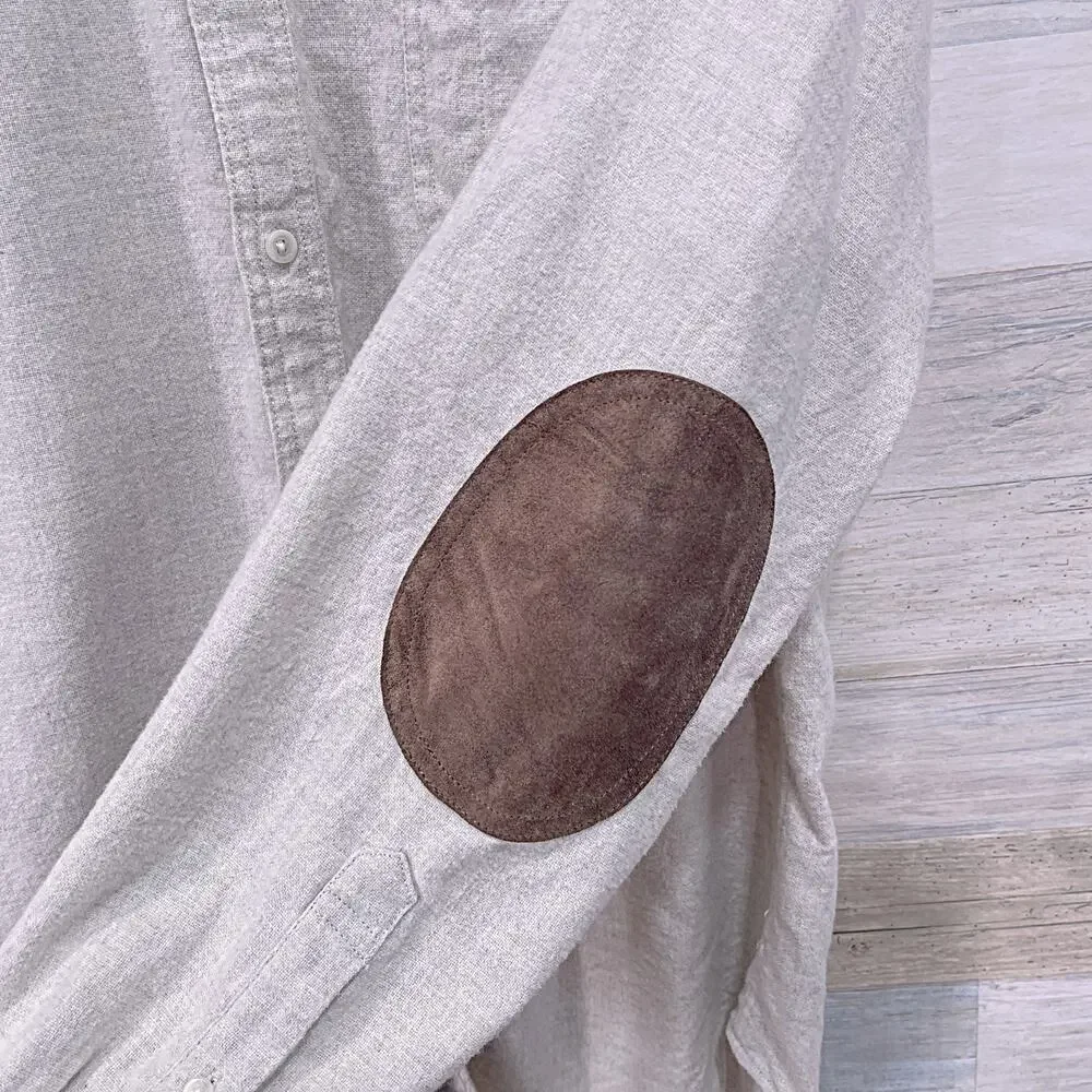J. Crew Cotton Wool Flannel Suede Elbow Patch Shirt Oatmeal Gray Preppy Men XL